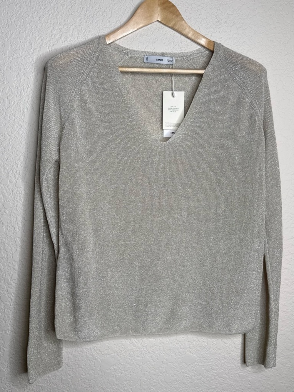 MNG by Mango Champagne Shimmer V-Neck Sweater NWT XL Quiet Luxury Metallic Sheer